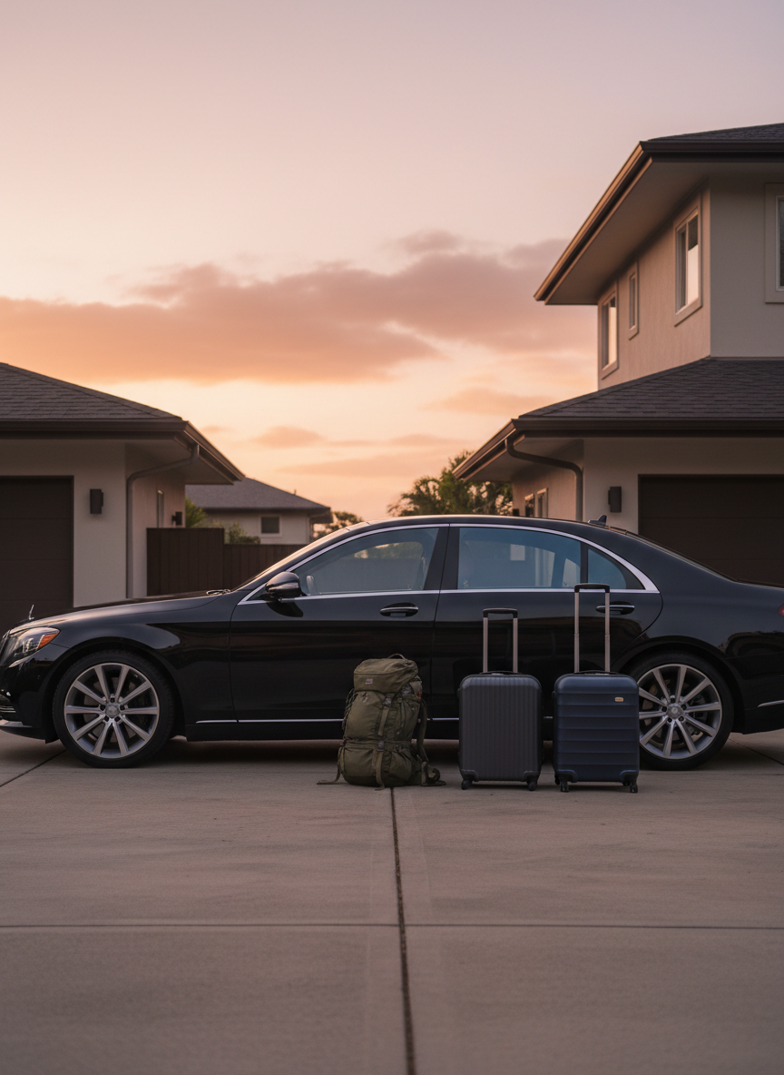 A tidy driveway in Hawaii Kai at sunset features a well-maintained black sedan positioned in profile, ready for a reserved pickup. Three compact suitcases stand upright beside the rear door, while a noticeably larger hiking-style backpack sits further away, slightly out of focus, hinting it is not accepted. The orange-pink sky reflects softly on the car’s glossy surface, and warm ambient light from nearby homes creates a welcoming glow. The composition uses rule of thirds, with the car taking most of the frame and the luggage subtly reinforcing capacity limits. The atmosphere is orderly, refined, and quietly luxurious. Photographic realism emphasizes crisp details, from the tire treads to the texture of the luggage shells.