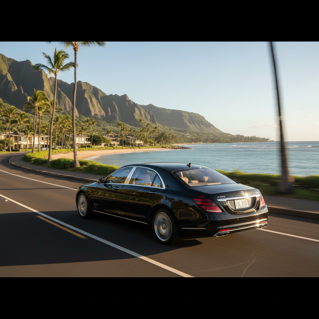 A polished black sedan glides along a gently curving coastal highway in Hawaii Kai, the turquoise Pacific Ocean on one side and lush green ridges on the other. The composition is a three-quarter rear view of the car, highlighting its streamlined silhouette and subtle chrome accents. Late afternoon sun casts a warm golden glow, creating crisp highlights on the car’s surface and soft shadows on the asphalt. Roadside palm trees and low buildings are gently blurred to imply smooth motion. The atmosphere feels upscale yet relaxed, evoking an exclusive, reservation-only airport car service between Hawaii Kai and Honolulu airport. Photographic realism with a cinematic, wide-format framing.