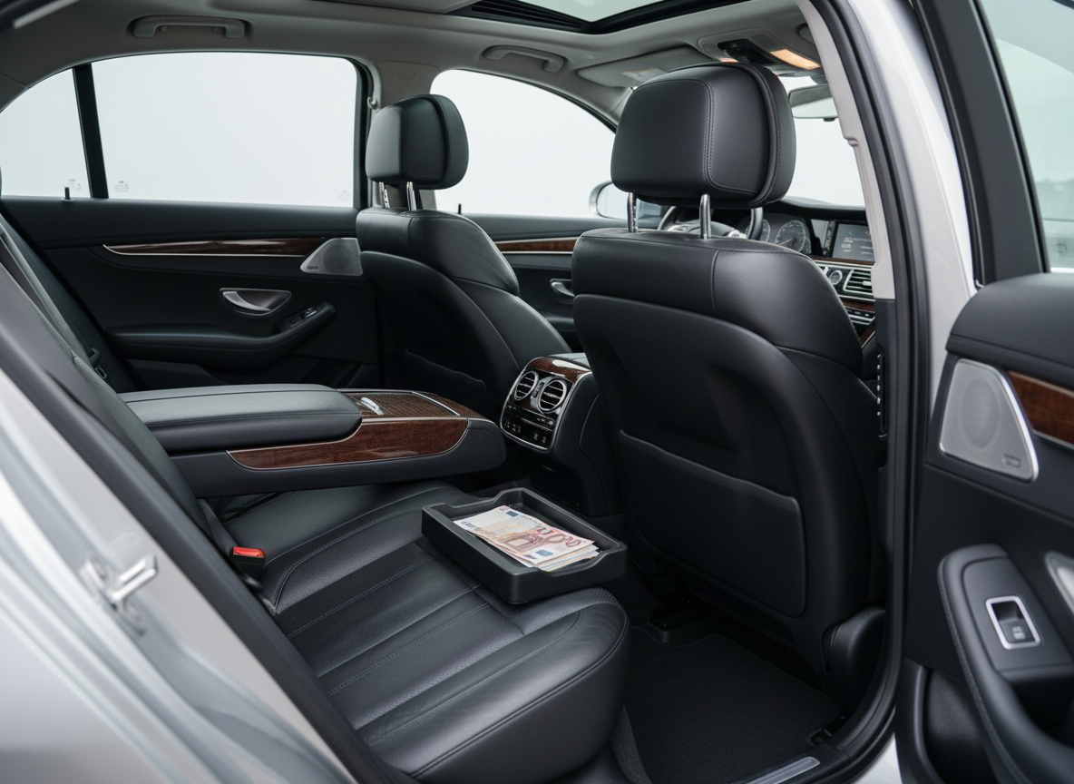 The interior of an executive sedan is captured from the open rear door, revealing pristine black leather seats with subtle stitching, a spotless dark wood-trimmed center console, and a neatly organized front dash. On the rear seat, there is space clearly suited for one to three guests, with a small stack of neatly folded paper currency placed discreetly in a tray to suggest cash-only payment without using text. Soft, indirect daylight filters through the windows, creating gentle highlights on the leather and a calm, refined ambiance. The image is shot with a shallow depth of field, focusing sharply on the rear seating area. The mood is quiet, sophisticated, and highly professional, in clean photographic realism.