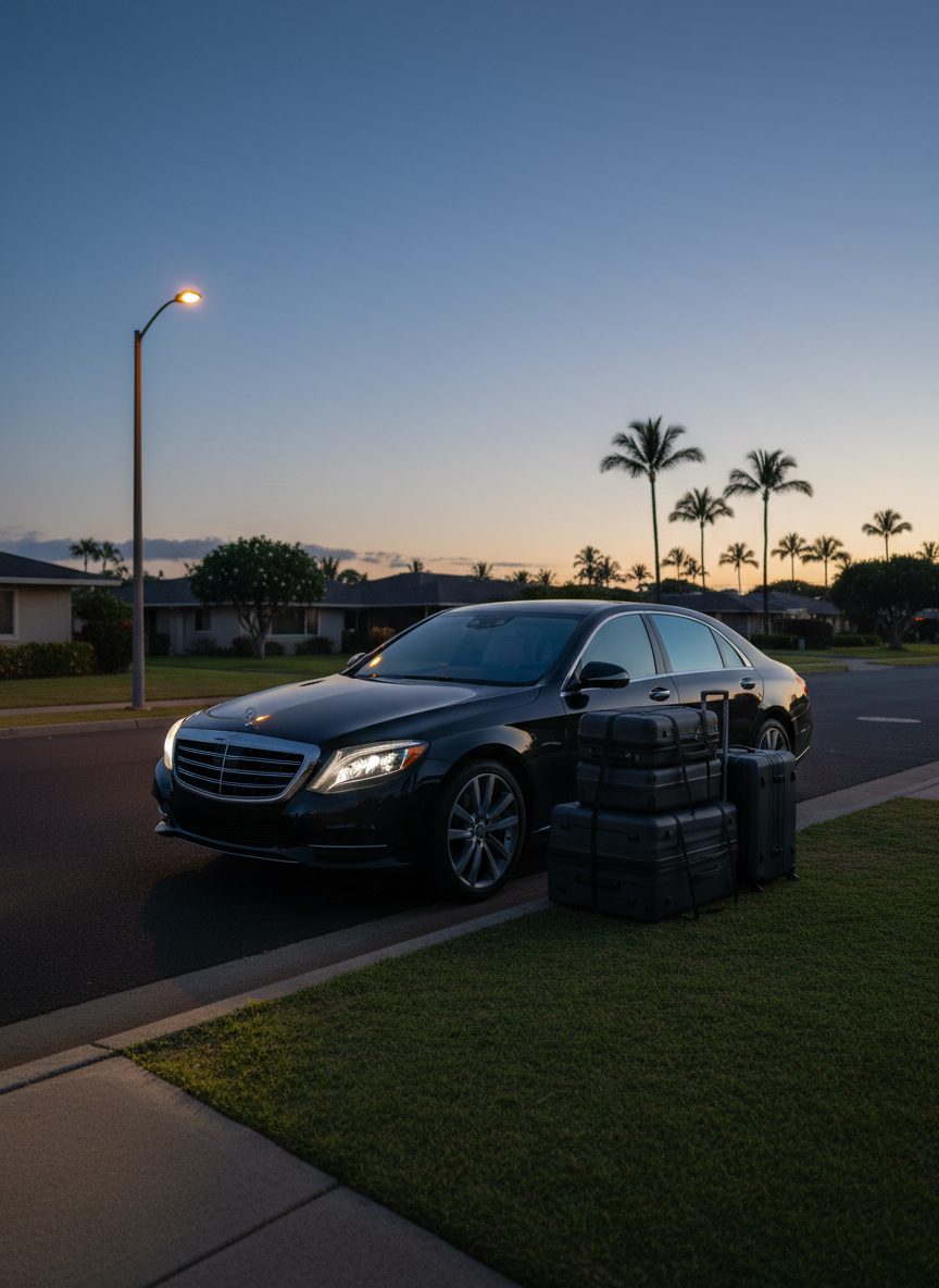 A pre-dawn scene outside a Hawaii Kai residential driveway shows a spotless black sedan waiting at the curb, headlights softly illuminating the pavement and a neatly stacked trio of medium-sized suitcases near the trunk, emphasizing the three-luggage limit. The sky is a deep indigo transitioning to pale blue, with the faint glow of 4–5 a.m. on the horizon and silhouettes of palm trees in the distance. A warm streetlamp casts gentle pools of light, adding depth and subtle reflections to the car’s body. Shot from a slightly elevated three-quarter angle, the composition feels intimate and anticipatory, evoking early-morning airport departures. The style is cinematic photographic realism with a calm, punctual, and reliable mood.