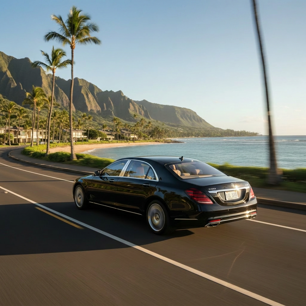 A polished black sedan glides along a gently curving coastal highway in Hawaii Kai, the turquoise Pacific Ocean on one side and lush green ridges on the other. The composition is a three-quarter rear view of the car, highlighting its streamlined silhouette and subtle chrome accents. Late afternoon sun casts a warm golden glow, creating crisp highlights on the car’s surface and soft shadows on the asphalt. Roadside palm trees and low buildings are gently blurred to imply smooth motion. The atmosphere feels upscale yet relaxed, evoking an exclusive, reservation-only airport car service between Hawaii Kai and Honolulu airport. Photographic realism with a cinematic, wide-format framing.