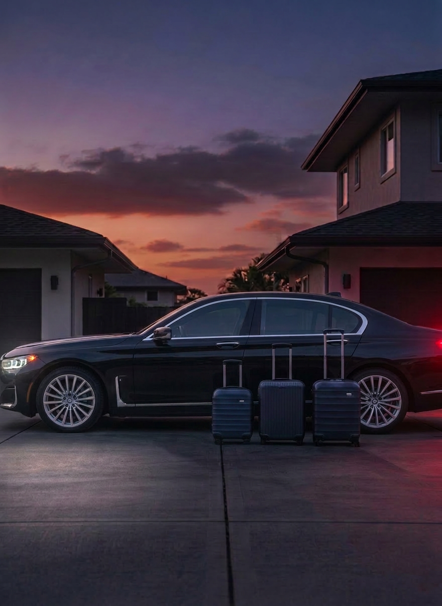 Black luxury sedan parked in driveway beside four suitcases and two travel bags at dusk